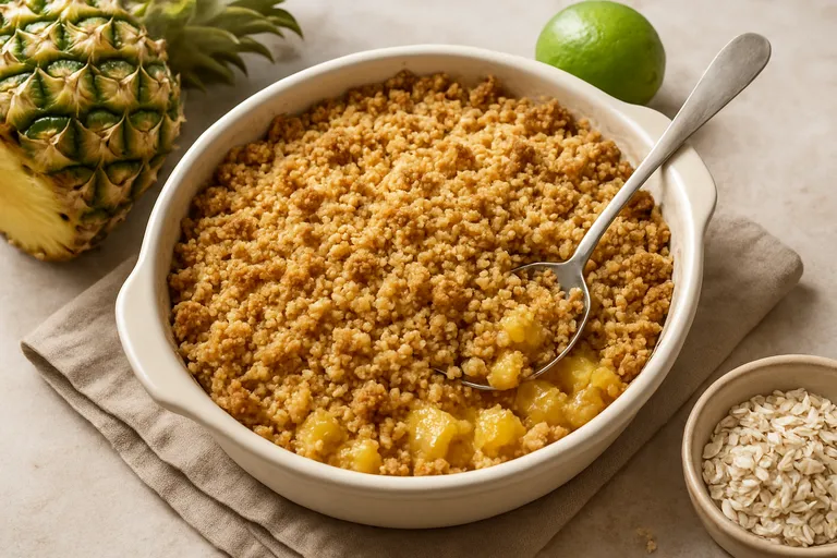 Tropische ananascrumble uit de oven met knapperige kruimellaag
