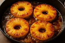 Sissende ananas in karamel uit de pan met boter, bruine suiker en krokante randjes