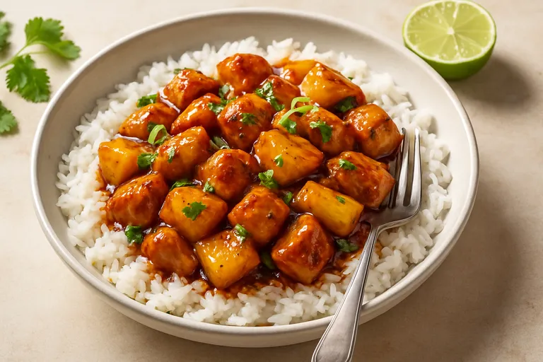 Zoet-pittige kip met ananas op geurige rijst voor zonnige doordeweekse avonden