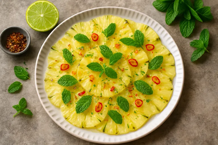 Zomerse carpaccio van ananas met limoen, munt en een pittige twist